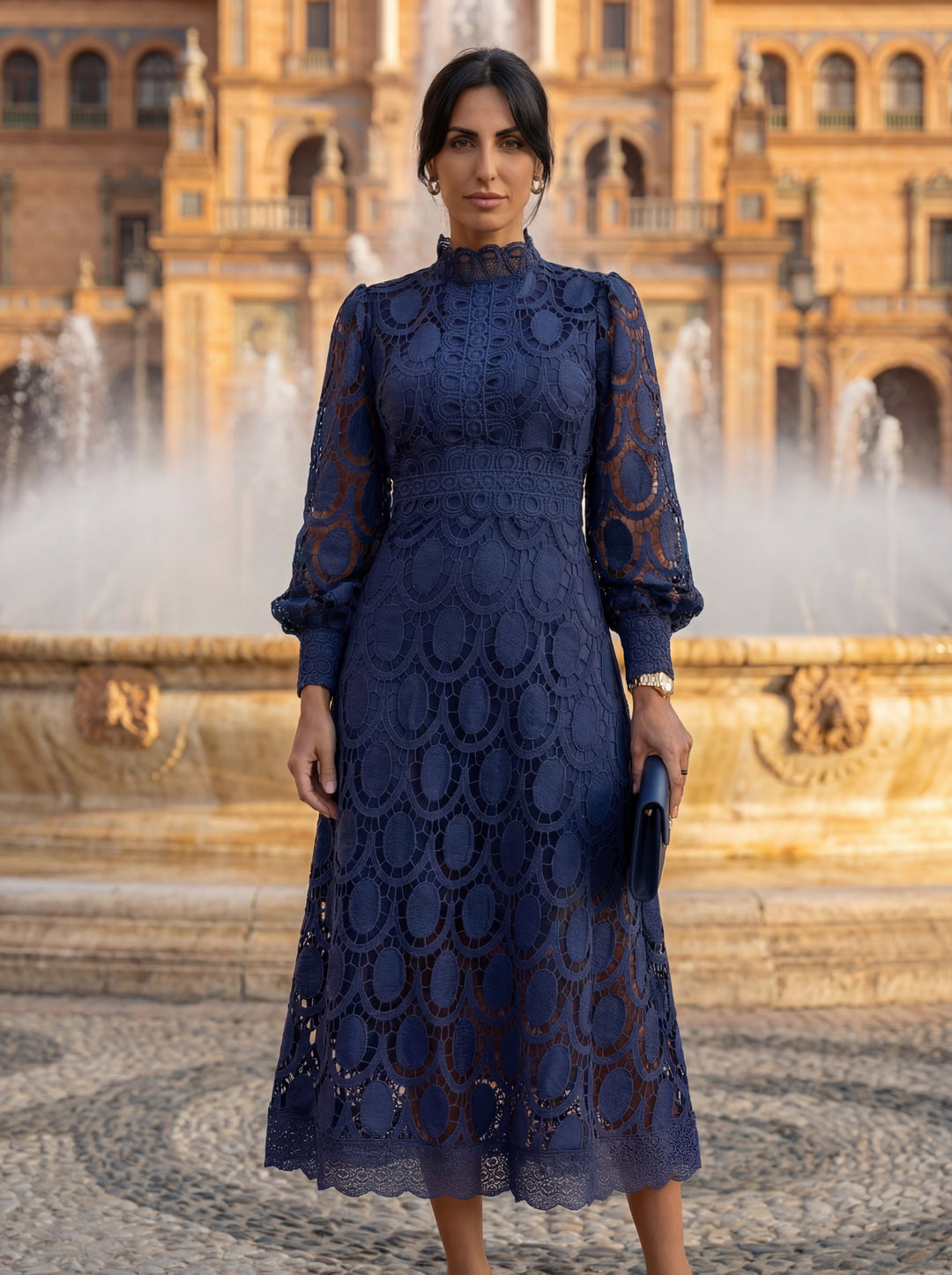 Spring lace dress by Emma & Rose Cape Town featuring floral lace fabric, fitted bodice, and flowing skirt.