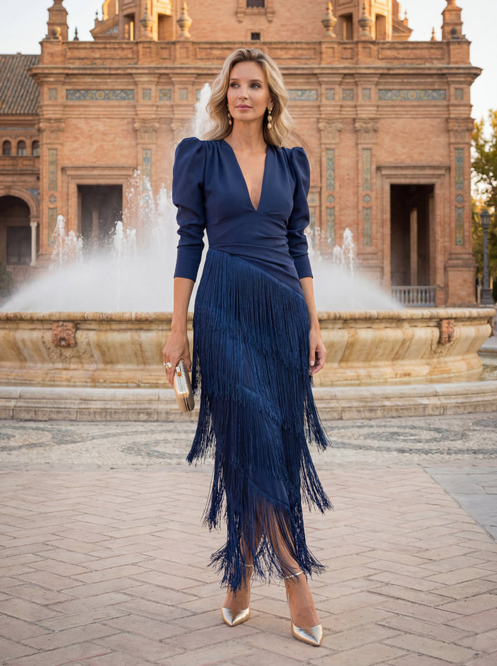 Sage green Fringe Dress by Emma & Rose Cape Town, stylish dress with flowing fringe details worn by a woman.