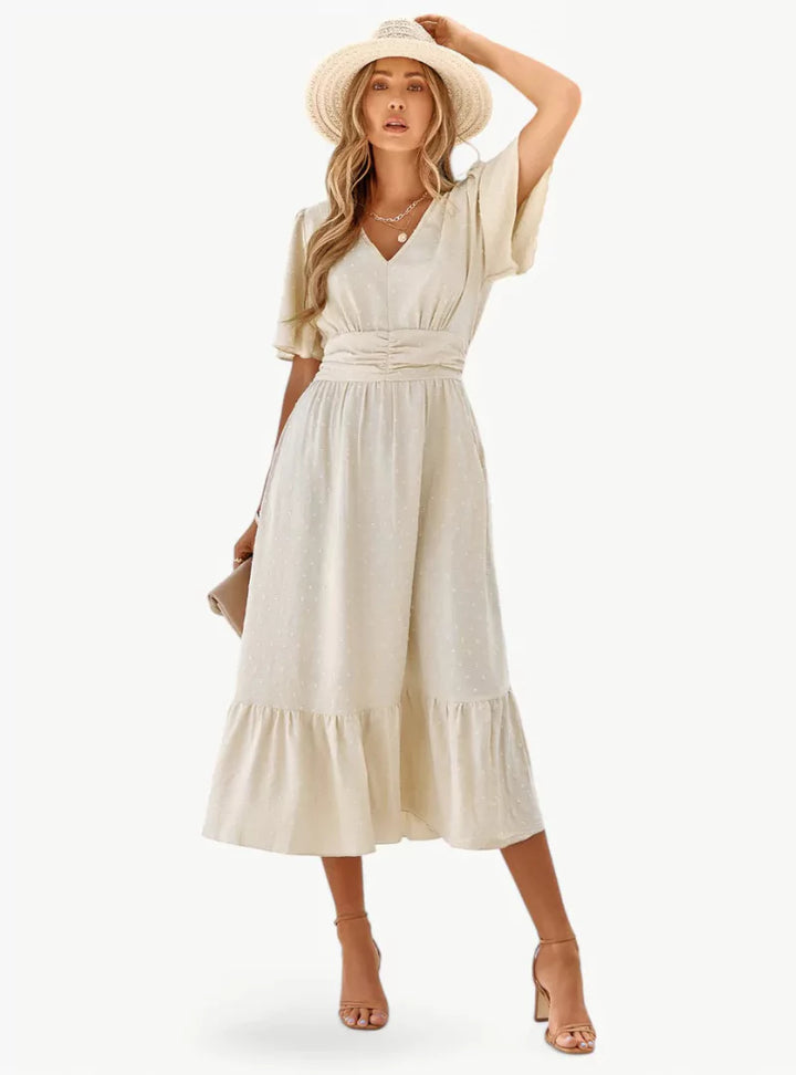 Midi summer dress with V-neck and waist accentuation – Loose & Feminine