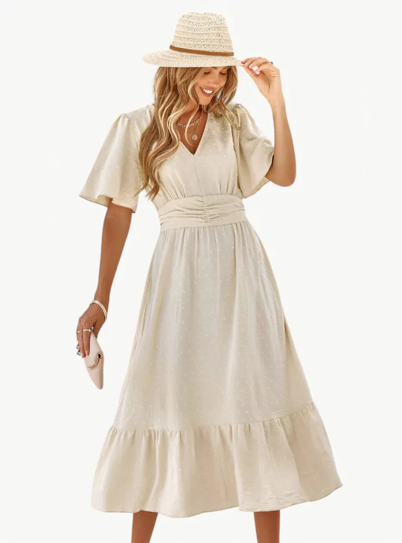 Midi summer dress with V-neck and waist accentuation – Loose & Feminine