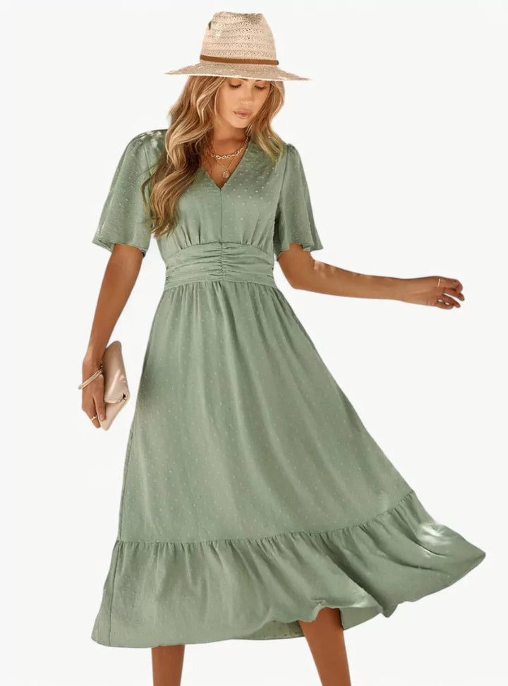 Midi summer dress with V-neck and waist accentuation – Loose & Feminine