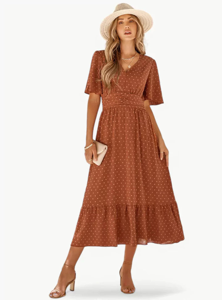 Midi summer dress with V-neck and waist accentuation – Loose & Feminine