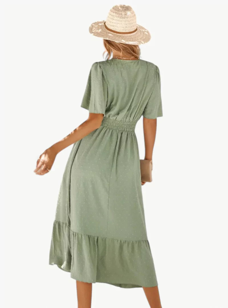 Midi summer dress with V-neck and waist accentuation – Loose & Feminine