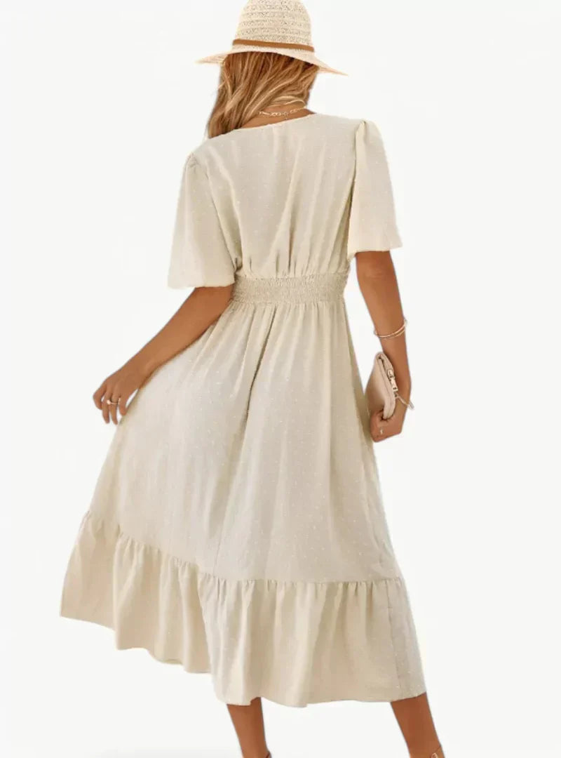 Midi summer dress with V-neck and waist accentuation – Loose & Feminine