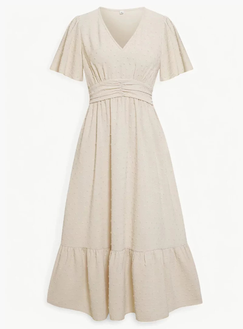 Midi summer dress with V-neck and waist accentuation – Loose & Feminine