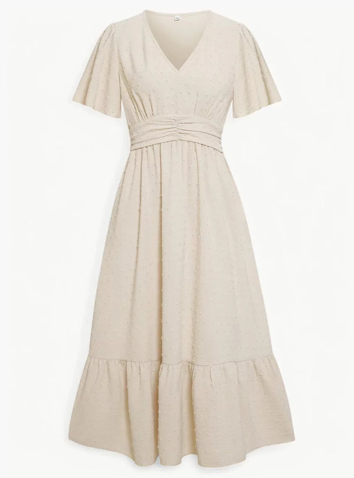 Midi summer dress with V-neck and waist accentuation – Loose & Feminine