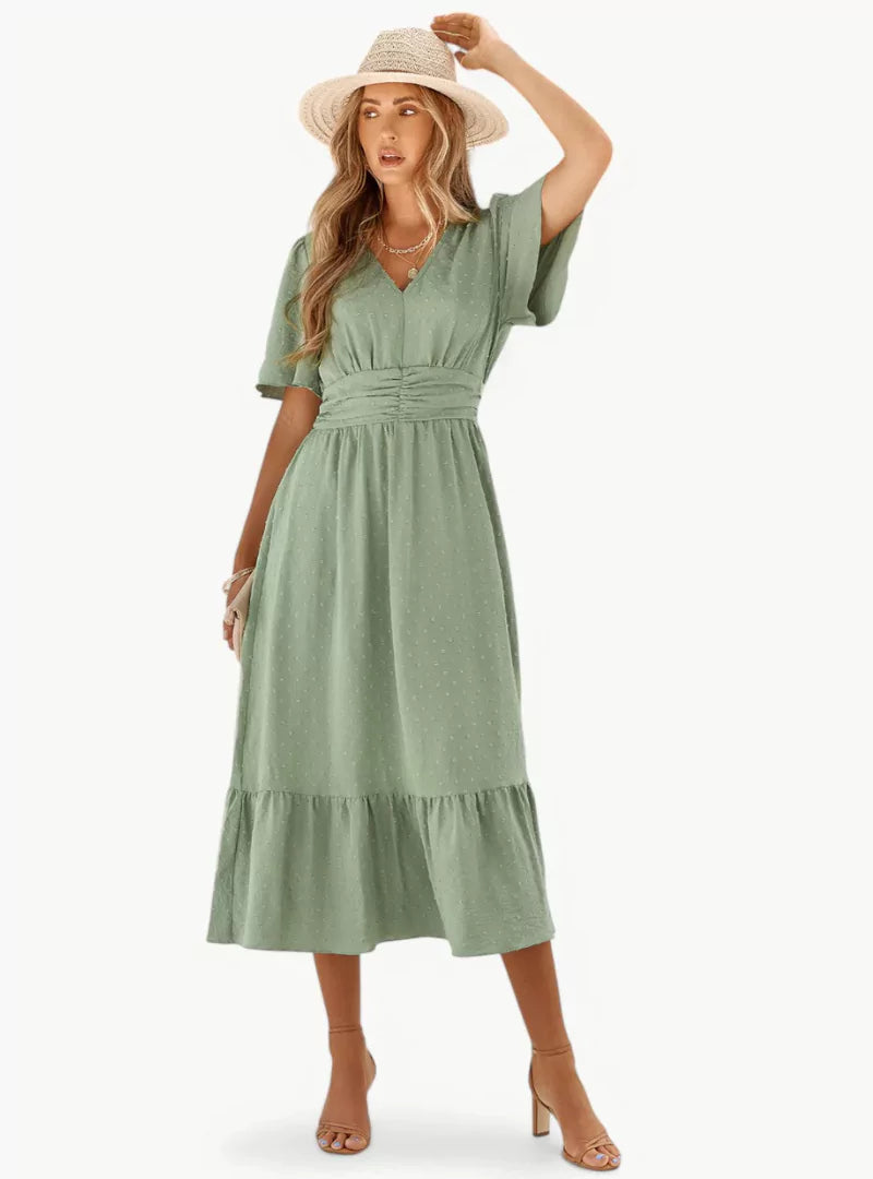 Midi summer dress with V-neck and waist accentuation – Loose & Feminine
