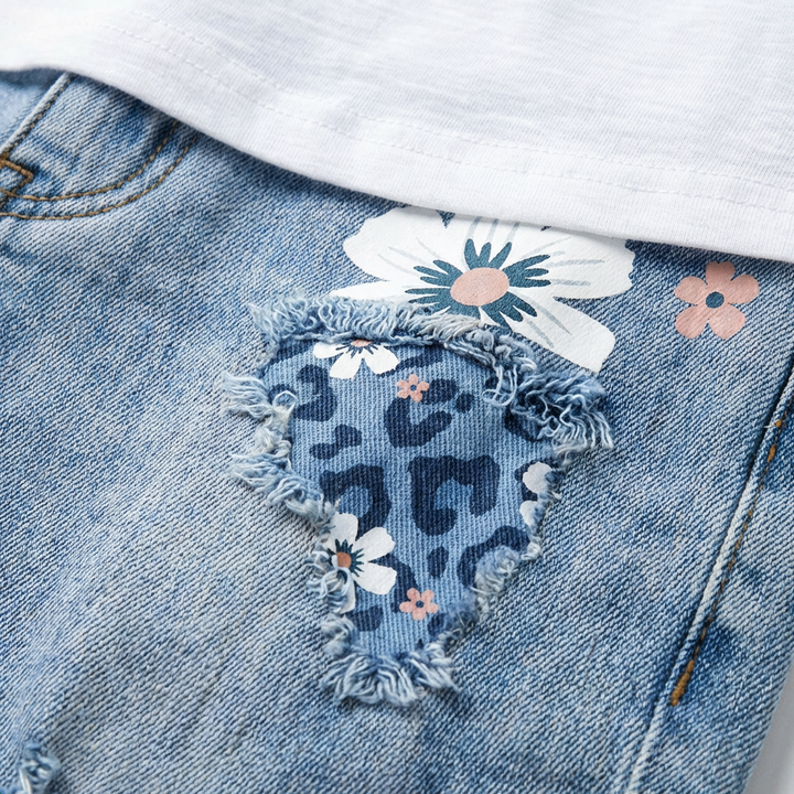Valeria | Women's Blue Denim Shorts with Printed Design and Frayed Hem | Casual