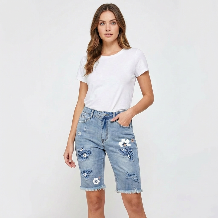 Valeria | Women's Blue Denim Shorts with Printed Design and Frayed Hem | Casual