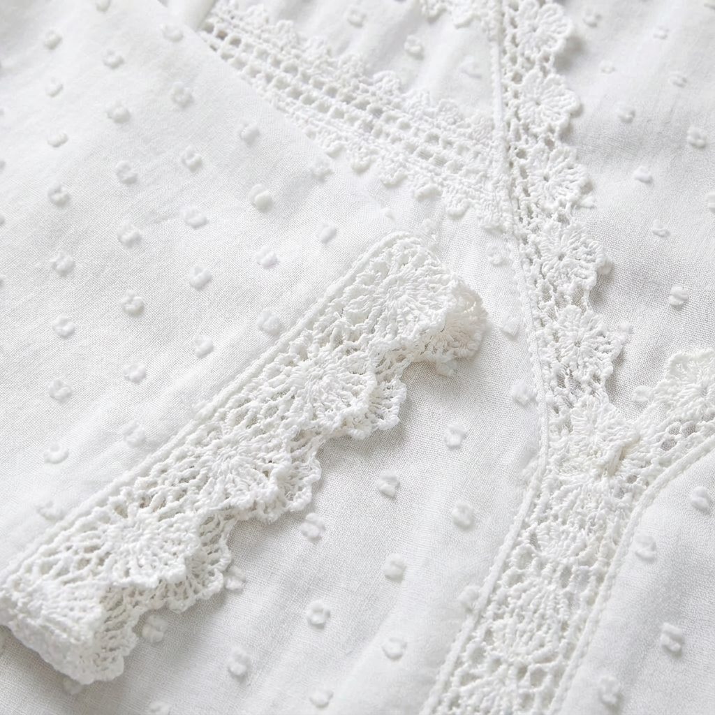 Valeria | Women's White Blouse with Lace Trim and Plumeti Texture | Romantic