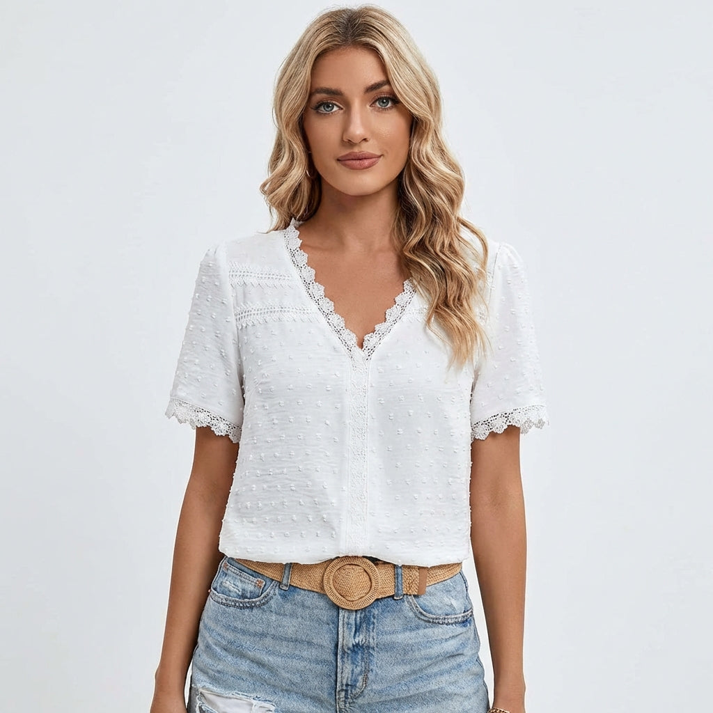 Valeria | Women's White Blouse with Lace Trim and Plumeti Texture | Romantic
