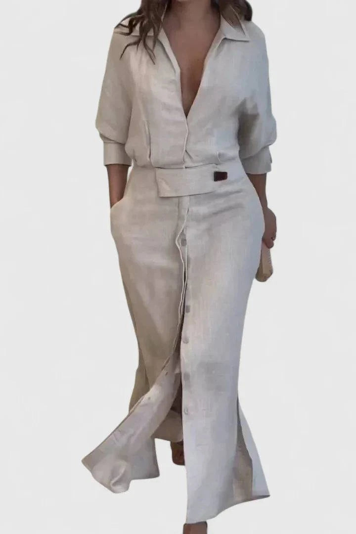 Elegant Monique summer maxi dress by Emma & Rose Cape Town featuring a V-neck design, flowing fabric, perfect for warm weather.