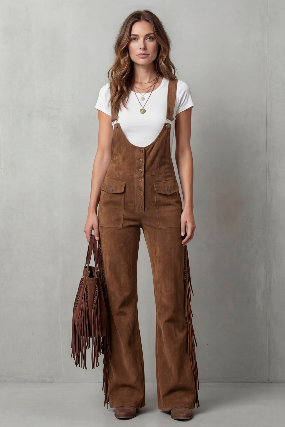 Women's Flared Leg Dungarees with Fringe Detail Justienne, view 10 - Elena Harper