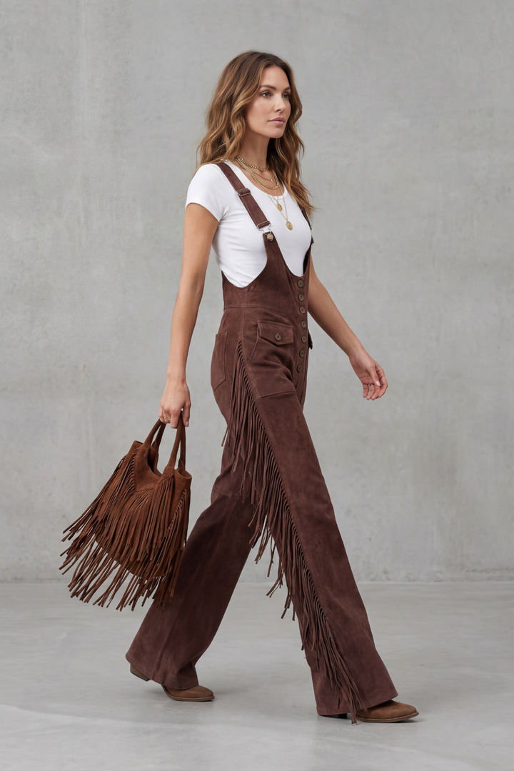 Women's Flared Leg Dungarees with Fringe Detail Justienne, view 3 - Elena Harper