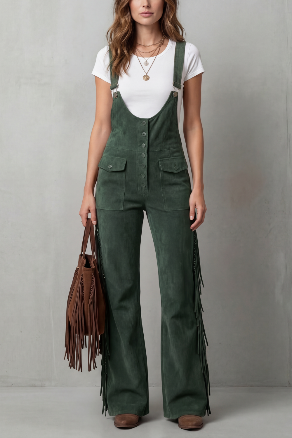 Women's Flared Leg Dungarees with Fringe Detail Justienne, view 5 - Elena Harper