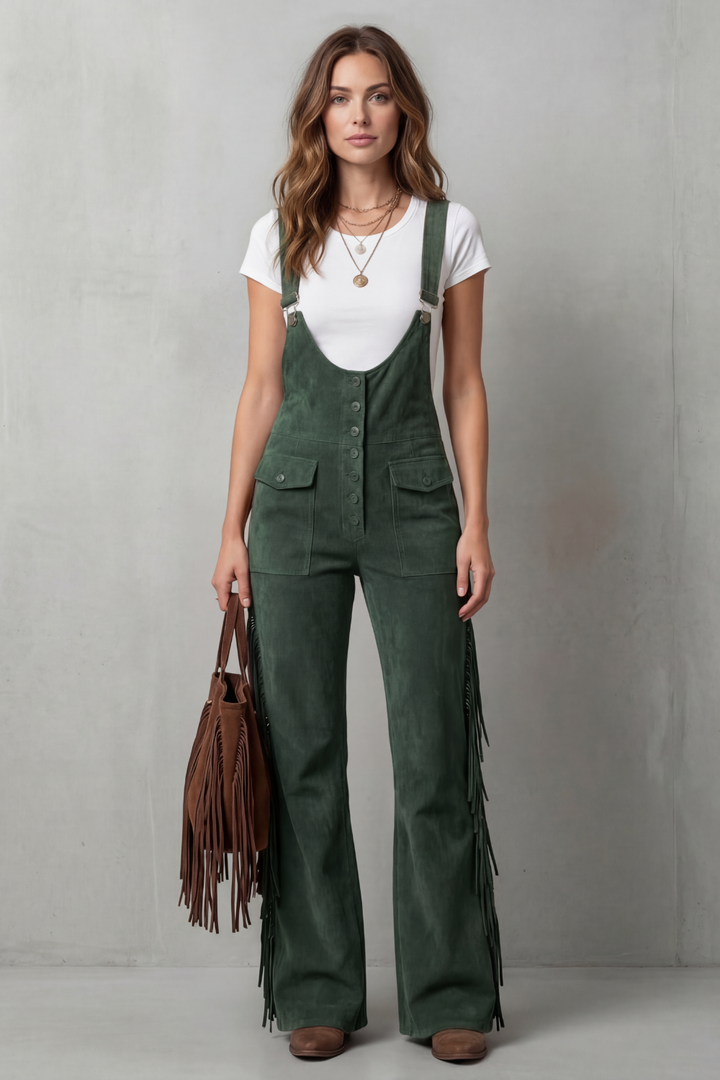 Women's Flared Leg Dungarees with Fringe Detail Justienne, view 6 - Elena Harper