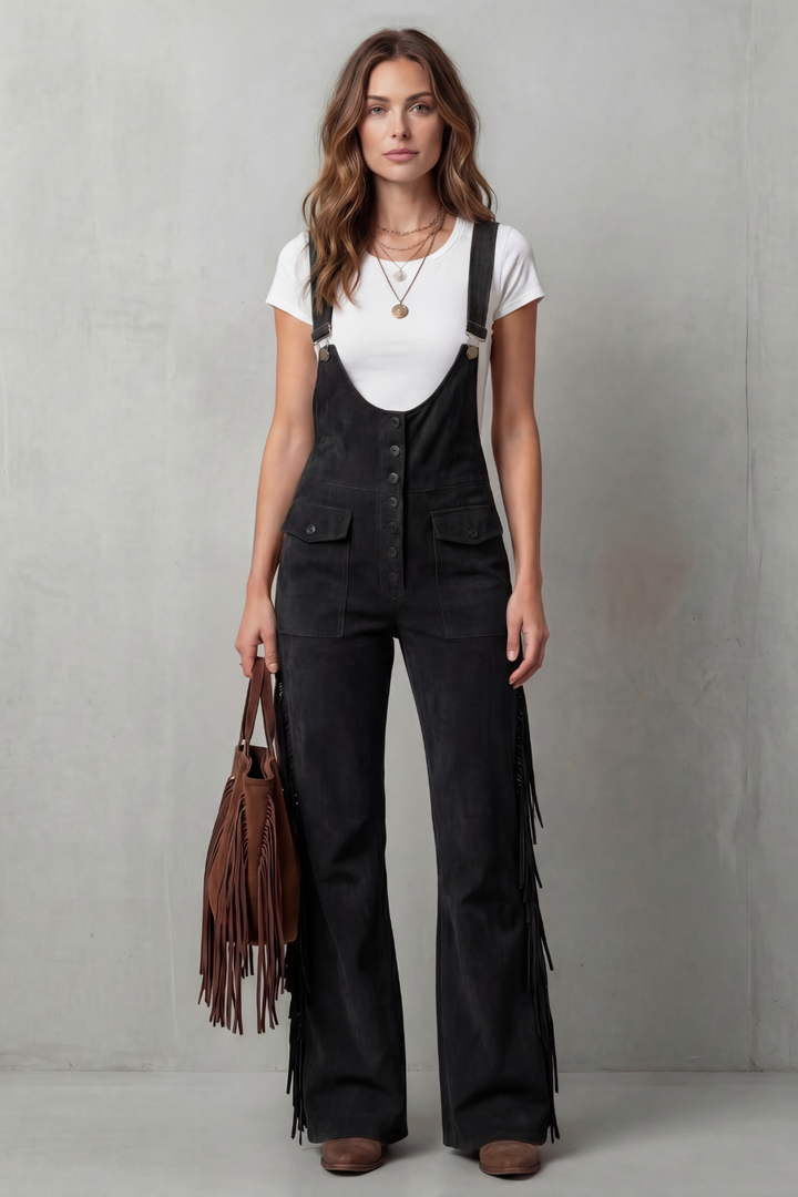 Women's Flared Leg Dungarees with Fringe Detail Justienne, view 8 - Elena Harper