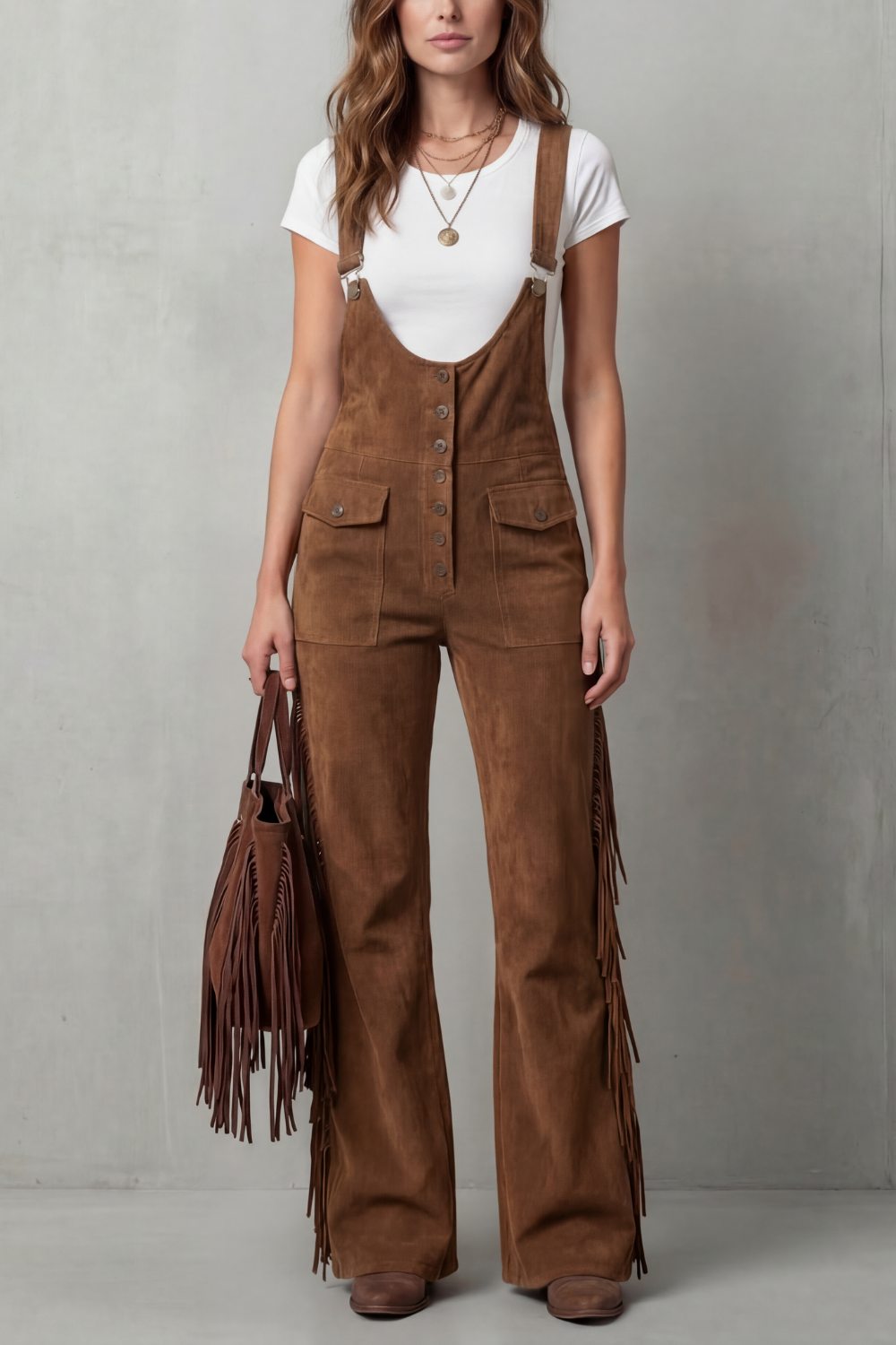 Women's Flared Leg Dungarees with Fringe Detail Justienne, view 9 - Elena Harper