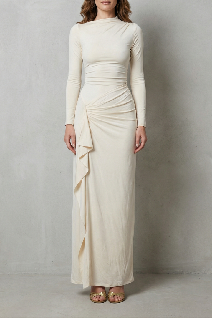 Veneta – Sculpted side drape – Long sleeve maxi gown