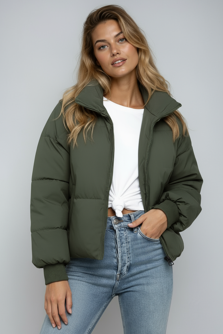 Women's Quilted Puffer Jacket – Short Model with Zipper, Black, Lightweight for Autumn and Winter