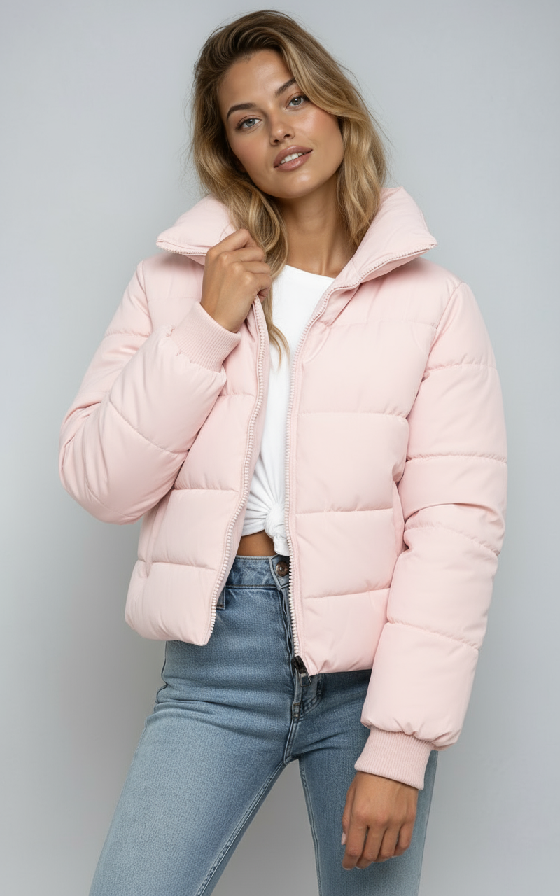 Women's Quilted Puffer Jacket – Short Model with Zipper, Black, Lightweight for Autumn and Winter