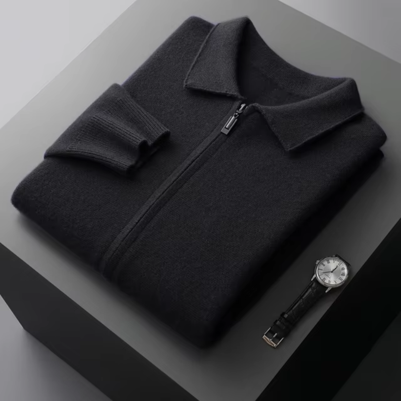 Men's Full-Zip Collared Sweater for Versatile Layering, view 8 - Elena Harper