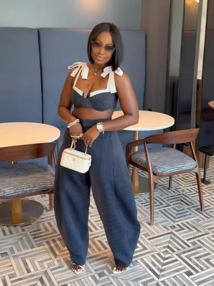 Chic Retro Striped Wide Leg Pants Set