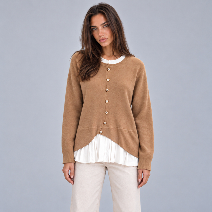 Montarello Women's Layered Knit Cardigan with Pleated Hem, Button Front
