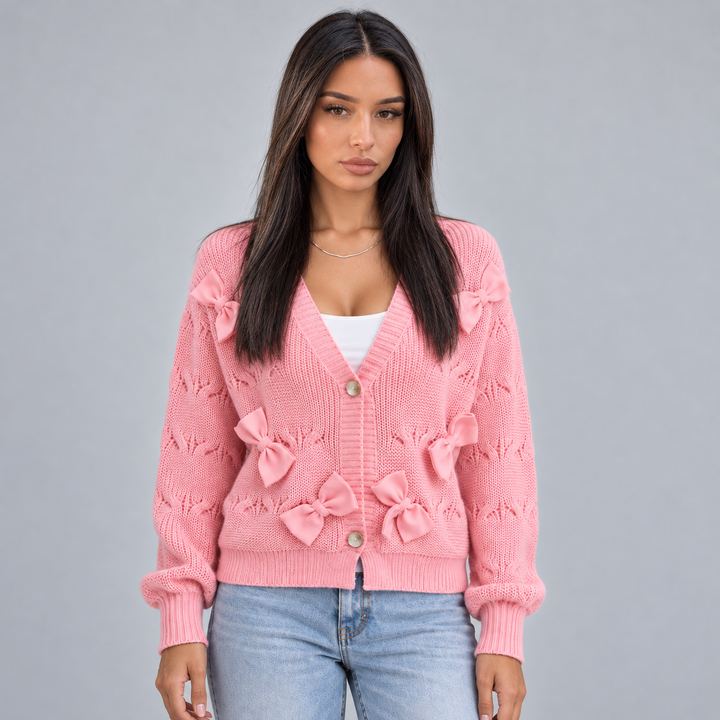 Montarello Women's V-Neck Cardigan with Bow Detail, Buttoned at the Front