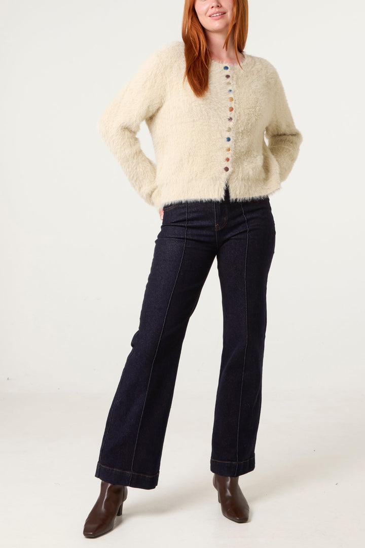 Ladies Cardigan with Colored Button Details - Beige