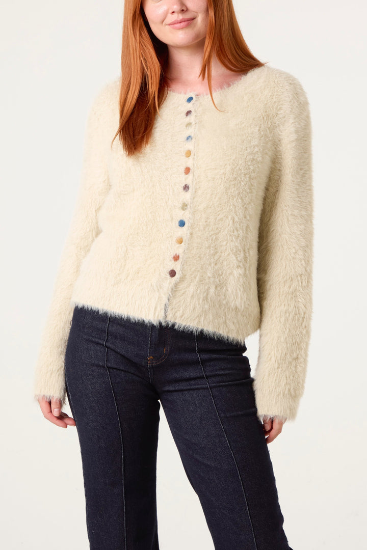 Ladies Cardigan with Colored Button Details - Beige