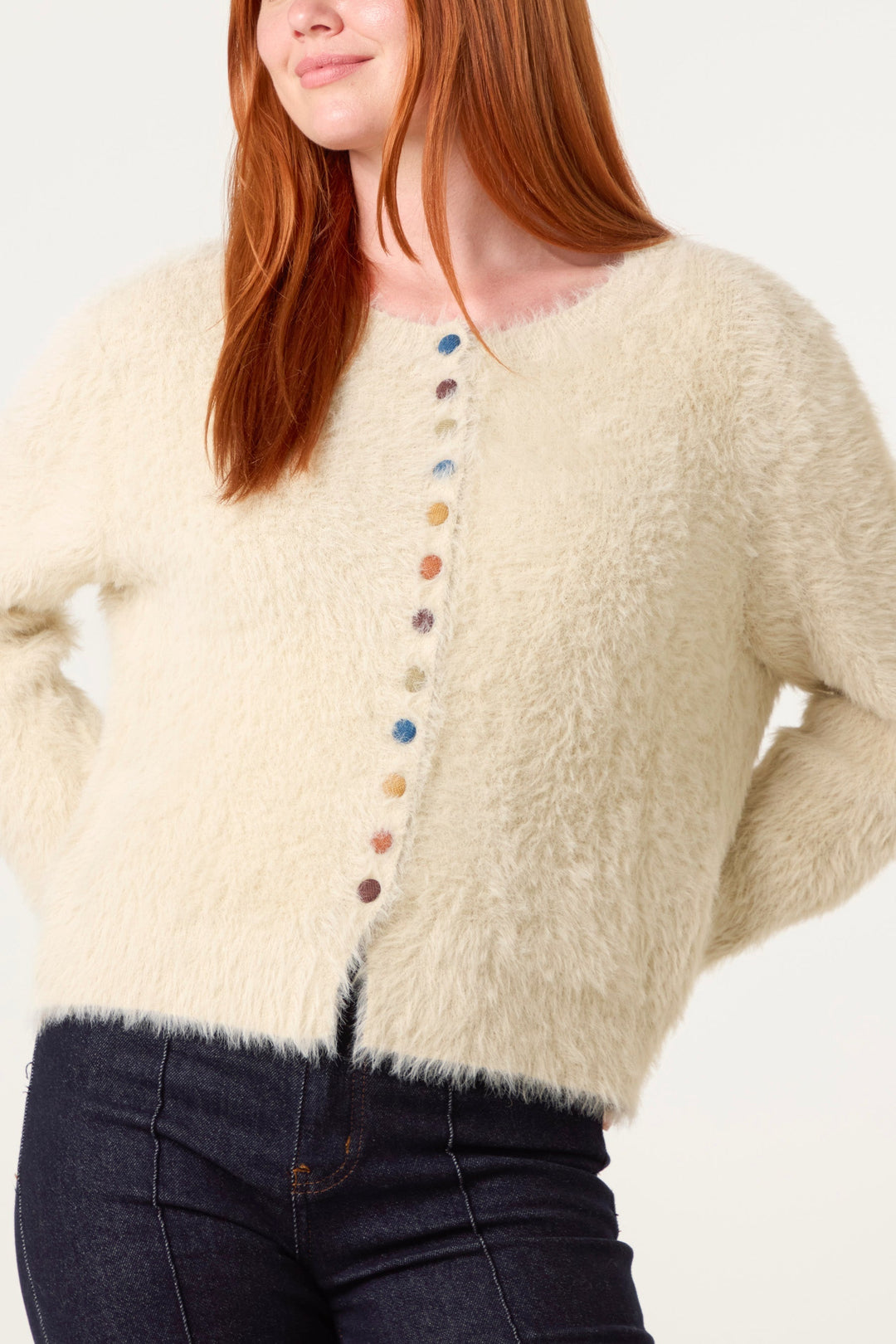 Ladies Cardigan with Colored Button Details - Beige