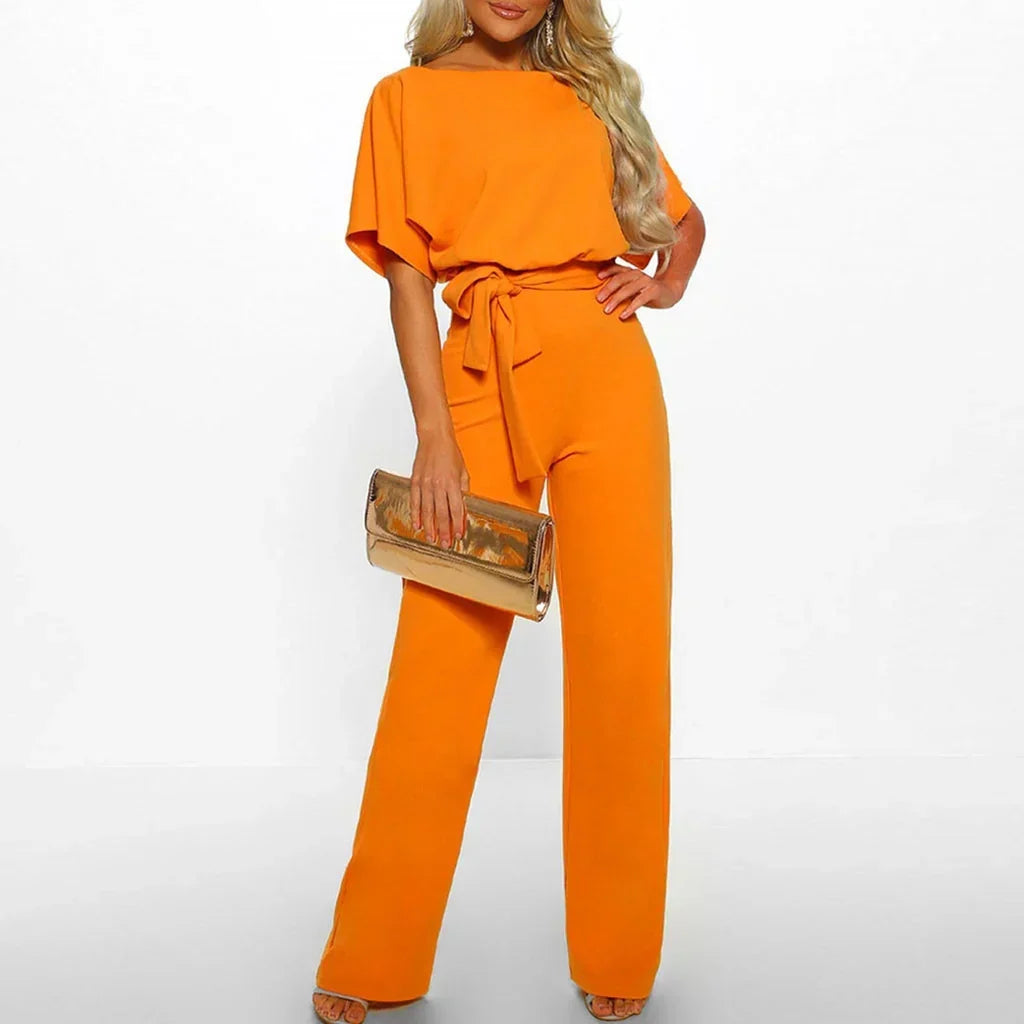 Elegant Women's Jumpsuit – Belted, Short Sleeves, and Wide Legs, Flattering Outfit for Casual or Dressy Occasions