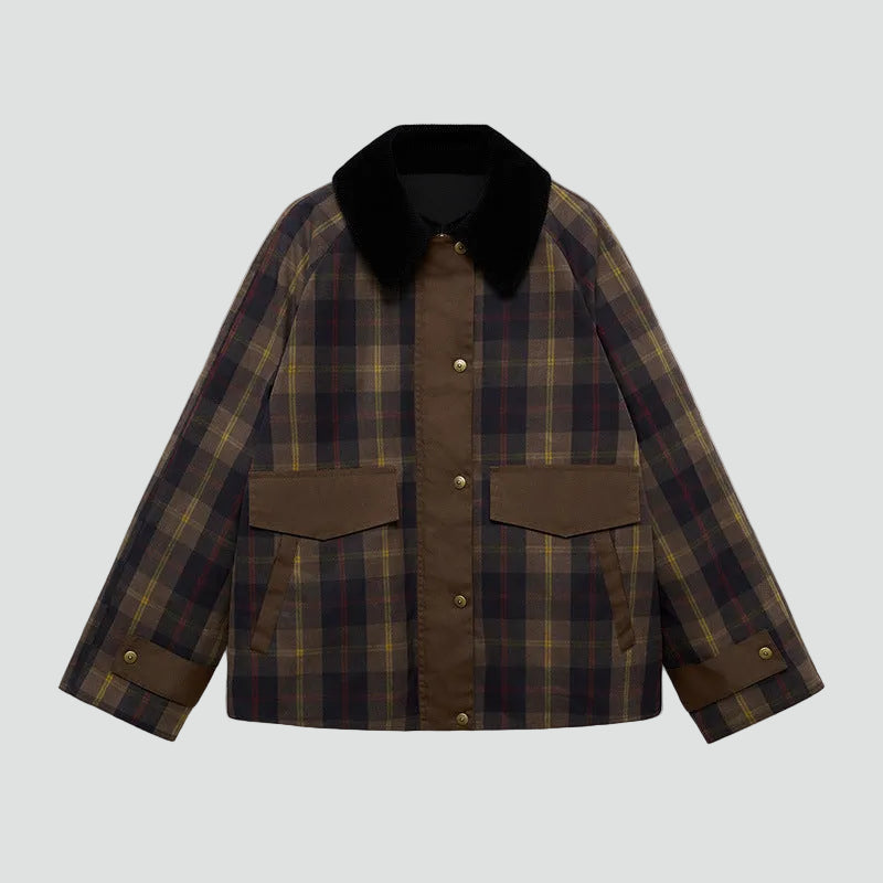 Checked Jacket for Men with Contrast Collar and Flap Pockets