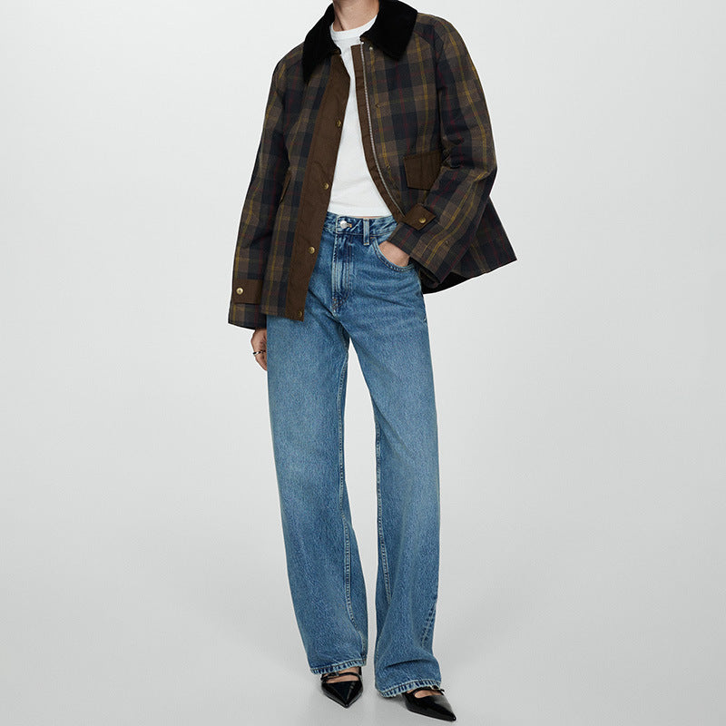 Checked Jacket for Men with Contrast Collar and Flap Pockets