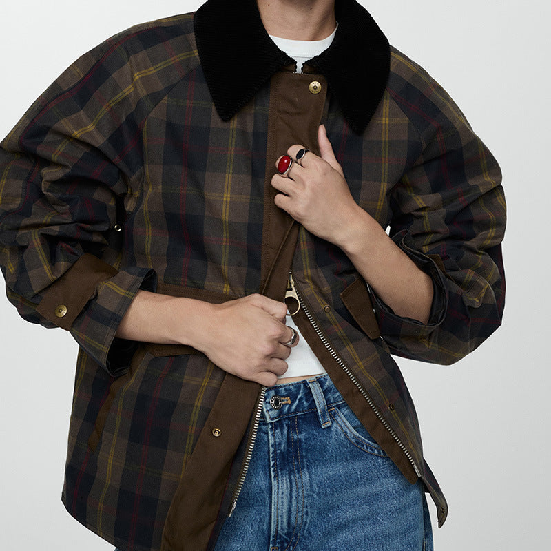 Checked Jacket for Men with Contrast Collar and Flap Pockets