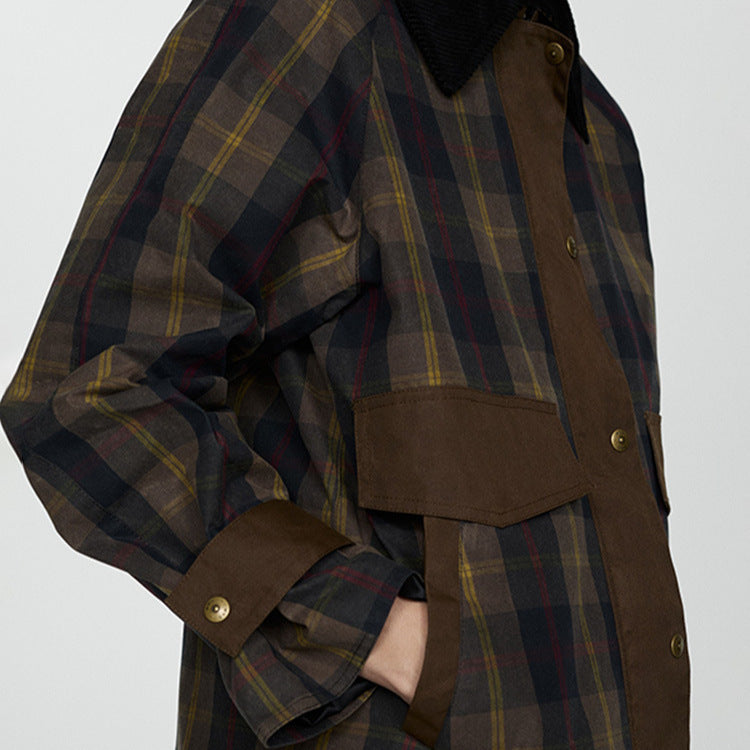 Checked Jacket for Men with Contrast Collar and Flap Pockets