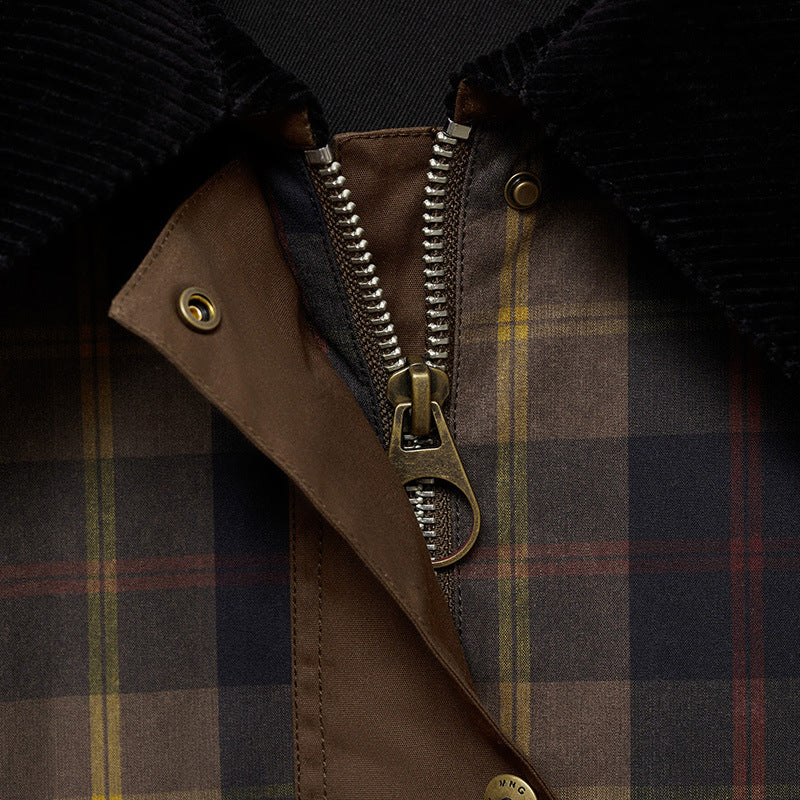 Checked Jacket for Men with Contrast Collar and Flap Pockets