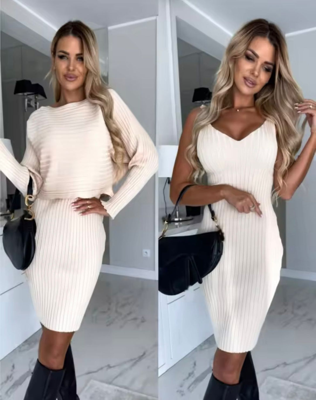 Elegant Ribbed Mini Dress Set with Soft Sweater Top, view 4 - Elena Harper