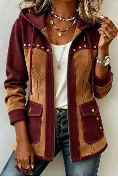 Women's Two-Tone Hooded Jacket with Flap Pockets