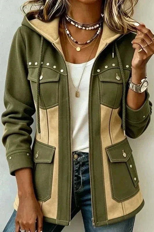 Women's Two-Tone Hooded Jacket with Flap Pockets