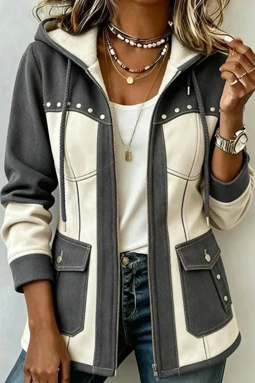 Women's Two-Tone Hooded Jacket with Flap Pockets