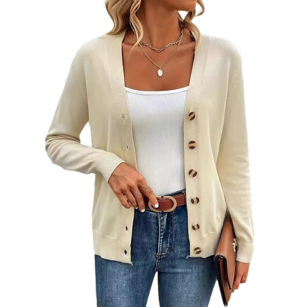 Ladies' V-Neck Cardigan with Side Slits and Button Detail