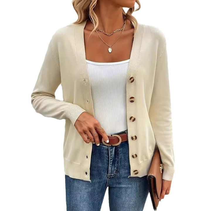Ladies' V-Neck Cardigan with Side Slits and Button Detail