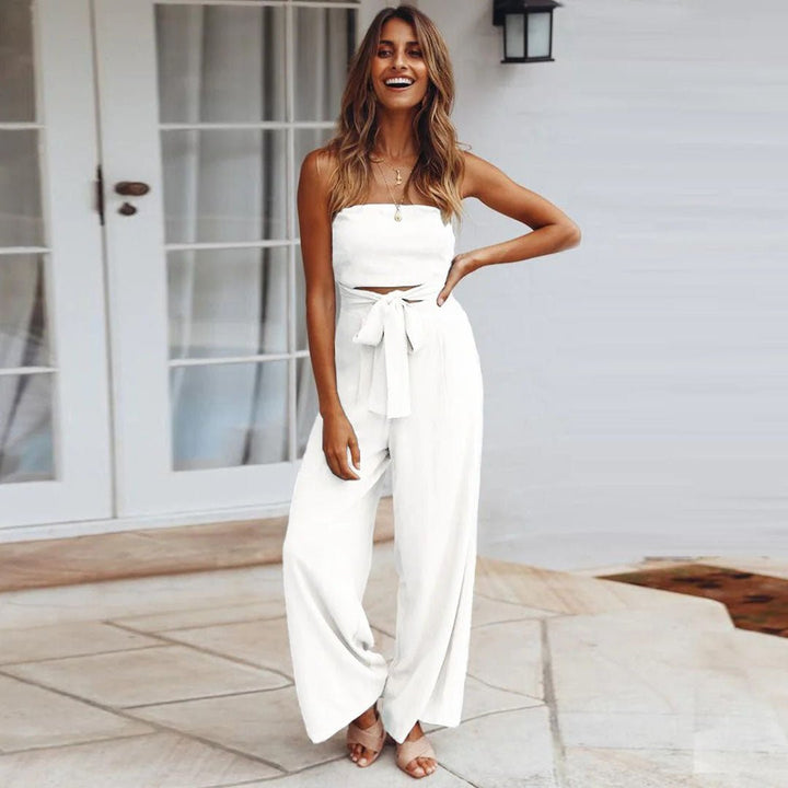 Women's Strapless Jumpsuit with Wide Legs – Elegant Tied Waist