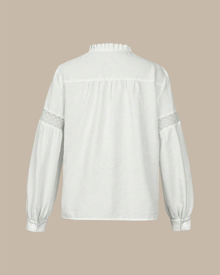 Elegant Textured White Casual Blouse for Women – Long Sleeve Top with Embroidered Lace Patchwork