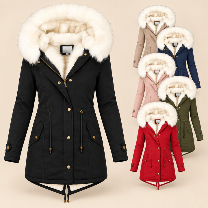 Long women's parka with fur-lined hood and adjustable waist