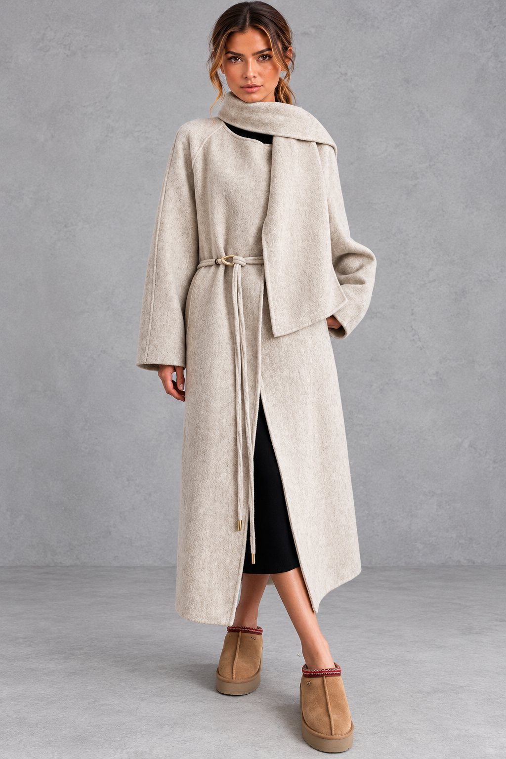 Women's Belted Wrap Coat – Statement Collar & Elegant Midi-Length Design
