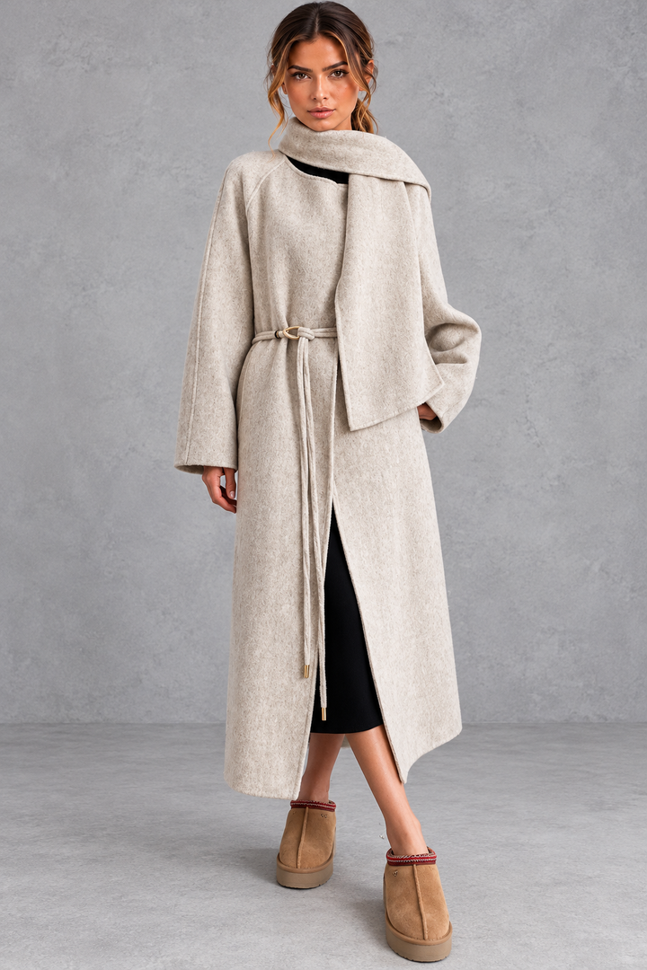 Women's Belted Wrap Coat – Statement Collar & Elegant Midi-Length Design