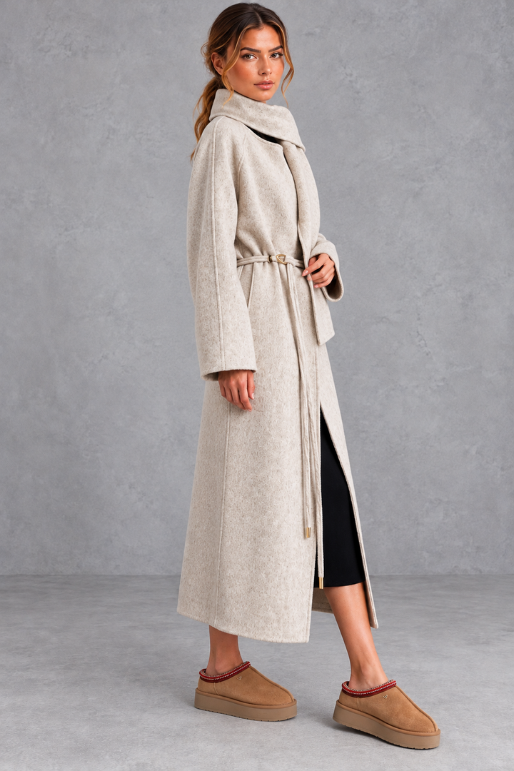 Women's Belted Wrap Coat – Statement Collar & Elegant Midi-Length Design